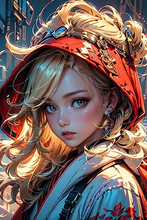 A girl with long blonde hair, with detailed ornate fur hooded kimono, red hooded kimono, miniskirt, fantasypunk. (Cinematic lighting, ethereal light, intricate details, extremely detailed, incredible details, full colored), complex details, hyper maximalist, gorgeous light and shadow, detailed decoration, detailed lines. masterpiece, best quality, HDR, UHD, unreal engine. looking at the camera, fair skin, beautiful face, (beautiful eyes:1.5), perfect eyes, detailed eyes, beautiful nose,Sexy Women 