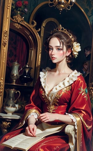 A girl engaged in a leisurely activity. She seated in an opulent interior with plush red drapery and a glimpse of a pastoral landscape through a window. She wore a magnificent gowns and the intricate lace and embellishments. Rococo-style oil painting,masterpiece,More Detail