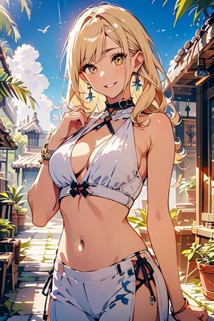 best quality, masterpiece, detailed, 16k, beautiful detailed face, beautiful detailed eyes, 8k, femalesolo, prefect body, prefect face, A tropical girl, long blonde curly hair, white tropical outfit, casual outfit, outdoor, blue sky, beautiful fantasy tropics, sweet smile,1girl yellow eyes earrings,xuer house