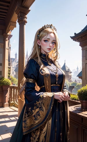 A girl with long blonde hair, wearing a fancy ornate (((folk dress))). fantastical and ethereal scenery, daytime, Tudor mansion, Intricate details, extremely detailed, incredible details, full colored, complex details, hyper maximalist, detailed decoration, detailed lines. masterpiece, best quality, HDR,