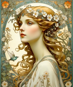 || The Art Nouveau poster with art deco frame, an oil painting, (featuring a girl, in the garden, depicted as a radiant maiden adorned in a diaphanous white gown woven from delicate petals and leaves, with blossoms entwined in her flowing hair. Around her, the air is filled with the sweet scent of blossoms and the melodious songs of birds, evoking a sense of enchantment and tranquility in her presence, soft glow of sunlight, 1girl, solo) || best quality, stunning illustration, mysterious and detailed image, (in the style of Alfons Maria Mucha), (Art Nouveau), ultra highly detailed, mystical, luminism, flowers, complex background, (tarot card:1.4), (masterpiece, top quality, best quality, official art, beautiful and aesthetic:1.2), (fractal art:1.3), (colorful:1.5), highest detailed, (aristocracy:1.2), (Art Nouveau style), le style Mucha, modern poster arts,more detail XL, 