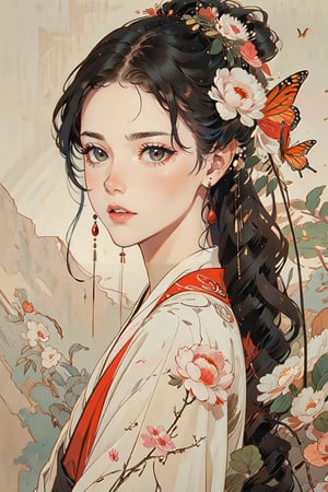  A girl, wearing hanfu, peony garden, butterfly, (negative space:1.4), gold and white and red hue, white background, (Cinematic lighting, ethereal light, intricate details, extremely detailed, incredible details, full colored), complex details, hyper maximalist, gorgeous light and shadow, detailed decoration, detailed lines. masterpiece, best quality, HDR, UHD, unreal engine. looking at the camera, fair skin, beautiful face,