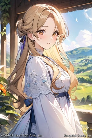 a dreamlike Bohemian girl of the 18th century, in a flowing gown adorned with intricate lace and ribbons, her hair styled in soft curls adorned with flowers. Surrounded by the rustic charm of Bohemian landscapes, capture her spirit of freedom and creativity amidst the backdrop of quaint villages and rolling hills. (masterpiece, top quality, best quality, official art, beautiful and aesthetic:1.2), (1girl:1.4), colorful, vibrant colors, blonde hair, portrait, extreme detailed, (fractal art:1.12), (colorful:1.1), highest detailed, portrait, medium shot, bokeh, 16K, (HDR:1.2), high contrast, ,score_9_up,score_8_up