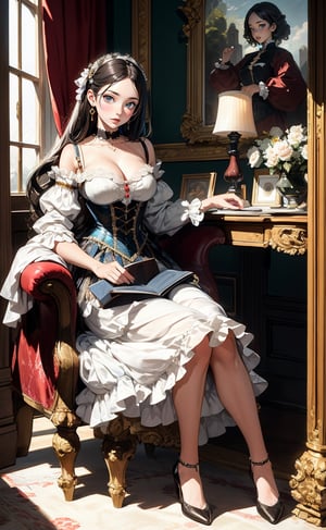 A aristocratic girl engaged in a leisurely activity. She seated in an opulent interior with plush red drapery and a glimpse of a pastoral landscape through a window. She wore silk gowns and the intricate lace and embellishments. Rococo-style oil painting,Rococo Style