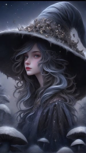 As the moon rises high in the sky, a cloaked witch stands before her bubbling cauldron, murmuring ancient incantations. She stands in her forest, clad in a deep purple robe adorned with mystical symbols and shimmering with the faint glow of magic. 