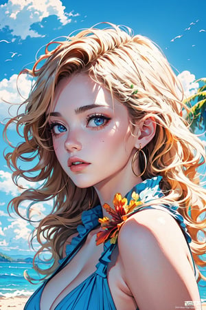 best quality, masterpiece, detailed, 16k, beautiful detailed face, beautiful detailed eyes, 8k, solo, prefect body, prefect face. A tropical girl, long blonde curly hair, beach dress, outdoor, blue sky, beautiful fantasy tropics, sweet smile, vivid color, sunshine, flowers, hibiscus, scenery,Beautiful Beach,