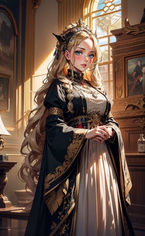 A girl with long blonde hair, wearing a fancy ornate (((folk dress))). fantastical and ethereal scenery, daytime, Tudor rooms, Intricate details, extremely detailed, incredible details, full colored, complex details, hyper maximalist, detailed decoration, detailed lines. masterpiece, best quality, HDR,