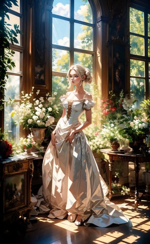 A aristocratic girl engaged in a leisurely activity. She seated in an opulent interior with plush red drapery and a glimpse of a pastoral landscape through a window. She wore silk gowns and the intricate lace and embellishments. Rococo-style oil painting,Rococo Style,Rococo style