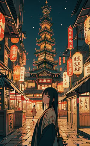 Ghibli anime style, "Spirited Away" style. A girl in a dark night market, with illuminated by warm lights. The whole atmosphere seems mysterious. (Cinematic lighting, ethereal light, intricate details, extremely detailed, incredible details, full colored), complex details, hyper maximalist, gorgeous light and shadow, detailed decoration, detailed lines. masterpiece, best quality, HDR, UHD, unreal engine. looking at the camera, fair skin, beautiful face, guochao