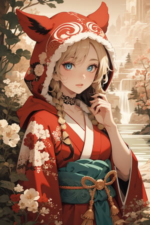 A girl with long blonde hair, with detailed ornate fur hooded kimono, red hooded kimono, miniskirt, fantasypunk. (Cinematic lighting, ethereal light, intricate details, extremely detailed, incredible details, full colored), complex details, hyper maximalist, gorgeous light and shadow, detailed decoration, detailed lines. masterpiece, best quality, HDR, UHD, unreal engine. looking at the camera, fair skin, beautiful face, (beautiful eyes:1.5), perfect eyes, detailed eyes, beautiful nose, dim tones, 