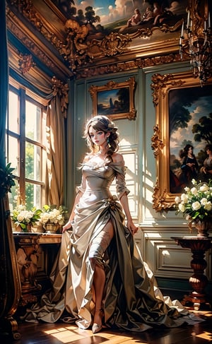 A lavishly detailed Rococo-style painting featuring a aristocratic girl engaged in a leisurely activity. She seated in an opulent interior with plush red drapery and a glimpse of a pastoral landscape through a window. She wore silk gowns and the intricate lace and embellishments.
