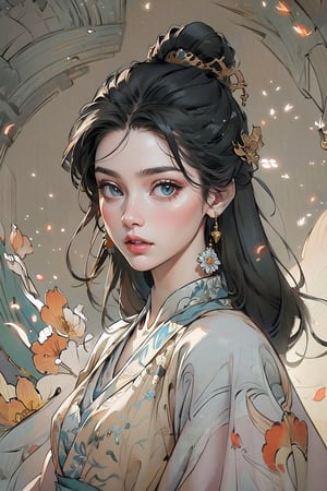  A female warriorl, wearing hanfu, (negative space:1.4), gold and white and red hue, (Cinematic lighting, ethereal light, intricate details, extremely detailed, incredible details, full colored), complex details, hyper maximalist, gorgeous light and shadow, detailed decoration, detailed lines. masterpiece, best quality, HDR, UHD, unreal engine. looking at the camera, fair skin, beautiful face,gongbiv, girl