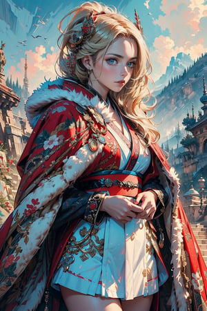 A girl with long blonde hair, wearing a fancy ornate (red and white) dress that combines a kimono and a fur cape, miniskirt, (scenery). intricate details, extremely detailed, incredible details, full colored, complex details, hyper maximalist, detailed decoration, detailed lines. masterpiece, best quality, HDR, UHD