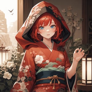A girl with red hair, and blue eyes, with detailed ornate fur hooded kimono, red hooded kimono, miniskirt, fantasypunk. (Cinematic lighting, ethereal light, intricate details, extremely detailed, incredible details, full colored), complex details, hyper maximalist, gorgeous light and shadow, detailed decoration, detailed lines. masterpiece, best quality, HDR, UHD, unreal engine. looking at the camera, fair skin, beautiful face, (beautiful eyes:1.5), perfect eyes, detailed eyes, beautiful nose, dim tones, Japanese art,A Traditional Japanese Art,Studio Ghibli,checkpoint