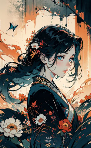 A girl, wearing hanfu, peony garden, butterfly, (negative space:1.4), fusion of art nouveau styles with gongbi painting, gold and white and red hue, Mucha style, (Cinematic lighting, ethereal light, intricate details, extremely detailed, incredible details, full colored), complex details, hyper maximalist, gorgeous light and shadow, detailed decoration, detailed lines. masterpiece, best quality, HDR, UHD, unreal engine. looking at the camera, fair skin, beautiful face,Chinese ink painting,ink wash painting,