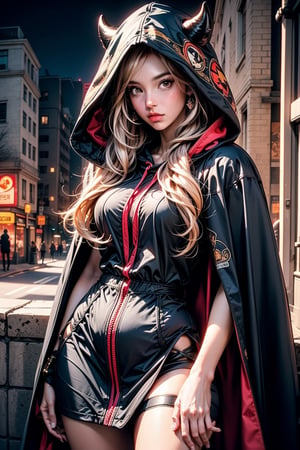 A girl with long blonde hair, fur hooded cape, red hooded cape, miniskirt, night streets. (Cinematic lighting, ethereal light, intricate details, extremely detailed, incredible details, full colored), complex details, hyper maximalist, masterpiece, best quality, HDR, UHD, unreal engine. head to thigh,1girl navia,ppcp
