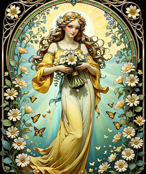 || Tarot card with art deco frame, an oil painting, (featuring the goddess of goddess of flowers, Chloris, in the garden, embodying the essence of natural beauty and floral abundance. She is depicted as a radiant maiden adorned in a diaphanous yellow gown woven from delicate petals and leaves, with blossoms entwined in her flowing hair. Her complexion glows with a soft, ethereal light, mirroring the gentle hues of the flowers she represents. In her hands, she holds a wreath of vibrant blooms, her fingers delicately weaving the fragrant blossoms into intricate patterns. Around her, the air is filled with the sweet scent of blossoms and the melodious songs of birds, evoking a sense of enchantment and tranquility in her presence, 1girl, solo) || best quality, stunning illustration, mysterious and detailed image, (in the style of Alfons Maria Mucha), (Art Nouveau), ultra highly detailed, mystical, luminism, flowers, complex background, (tarot card:1.4), (masterpiece, top quality, best quality, official art, beautiful and aesthetic:1.2), (fractal art:1.3), (colorful:1.5), highest detailed, (aristocracy:1.2), more detail XL, SFW, (Art Nouveau style), le style Mucha 