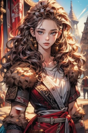 A dashing female warrior, adorned in rugged yet stylish attire, with a confident smirk and fierce gaze that command respect, medieval fantasy. Swashbuckling, brave, wise and beautiful, jewelry, standing, collarbone, white shirt, weapon, earrings, belt, pants, necklace, blurry, lips, gun, blurry background, hoop earrings, realistic, brown belt. (Cinematic lighting, ethereal light, intricate details, extremely detailed, incredible details, full colored), complex details, hyper maximalist, gorgeous light and shadow, detailed decoration, detailed lines. masterpiece, best quality, HDR, UHD, unreal engine. looking at the camera, fair skin, beautiful face, beautiful eyes, perfect eyes, detailed eyes, beautiful nose,sexypirate,viking,Camila Noceda