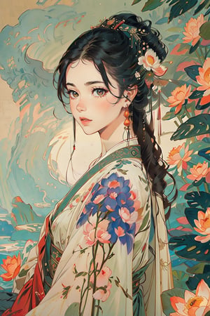 A classical oriental beauty, traditional costume, garden, pavilion, lotus pond, daytime, gongbi painting mixed with Mucha style painting, (Cinematic lighting, ethereal light, intricate details, extremely detailed, incredible details, full colored), complex details, hyper maximalist, gorgeous light and shadow, detailed decoration, detailed lines. masterpiece, best quality, HDR, UHD, unreal engine. looking at the camera, fair skin, beautiful face, girl