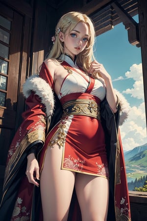 A girl with long blonde hair, wearing a fancy ornate (red and white) dress that combines a kimono and a fur cape, miniskirt, (scenery). intricate details, extremely detailed, incredible details, full colored, complex details, hyper maximalist, detailed decoration, detailed lines. masterpiece, best quality, HDR, UHD