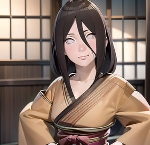 masterpiece,  beautiful face,  expression smiling,  cute girl,  seductive look,  half open eyes,  half closed mouth,  brown hair,  white eyes,  HanabiH,  Hana,  standing,  one hand on hip,  kunai in one hand,  peeking out upper body,  Hands on the curtain of a Japanese inn,  ramen inn,, , , , , ,HanabiH,best quality