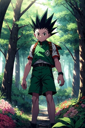 gon in a forest with colorful flowers  