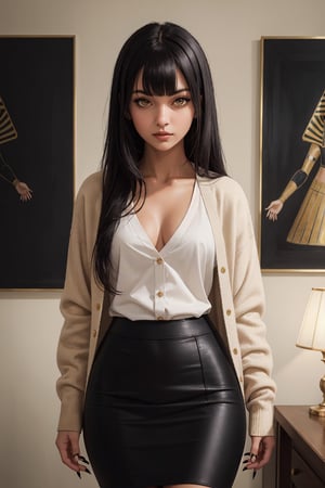 medium cowboy shot, (masterpiece, top quality, best quality, official art, beautiful and aesthetic:1.2), (1girl), amber eyes, long black hair, white shirt, sharp black nails, tan skin, egyptian, light tan cardigan, wide hips, bangs, black pencil skirt, small breasts,