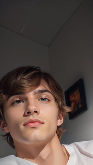  close-up selfie of ((ultra pretty, beautiful, handsome man)) 23 years old, with short, chestnut hair, light skin. He is wearing a white shirt and has a contemplative audacious expression, vibrant performance. with his hand resting on his chin. The background is dimly lit, showing part of a wall with a framed picture that has abstract patterns in black, white, and orange colors. The overall lighting is low, creating a slightly shadowed effect on the subject's face. Skin with a hyperrealistic texture, perfect symmetry, high resolution.