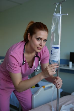 Masterpiece, best quality, Photorealistic, sharp focus, highly detailed, top quality, Ultra-High Resolution, HDR, 8K, epiC35mm, film grain, moody photography, cinematic style, color saturation:-0.4
A Polish young woman, nurse, tight pink scrubs, adjusting an IV drip, hospital room, 30 years, straight red hair tied back, green eyes, calm facial expression, leaning slightly forward while holding the IV bag, stethoscope around her neck and a patient in the background.