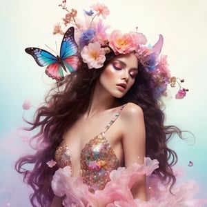 a brunette woman blowing surrounded by flowers, high fashion magazine cover, glossy flecks of iridescence, of a youthful girl, pastel pink background, promotional render, delicate petal wings extending gracefully, immersed in an alien landscape, colorful smoke and streams of ink forming a celestial ballet, exotic gigantic flora adding to the dreamlike atmosphere, (((TimTadder style))), surreal beauty photography, Avant garde fashion, ethereal beauty, beauty light,more detail XL,glitter,Glass 