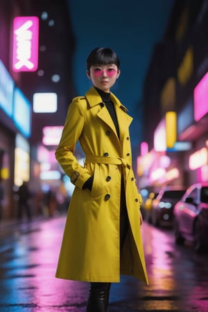 photo of beautiful Chinese college girl, 18 years old, (((Jubilee from X-men reimagined as an Assassin))), (((John Wick movie style))), (standing in a dangerous dark street at night), epiC35mm, film grain, (freckles:0.0), full body shot, (plain background:1.6), skinny body, (((small breasts))), pale skin, (((vinil yellow trench coat, pink sunglasses))), very short (((spiky))) black hair, (((pixie haircut))), serious face, cute face,