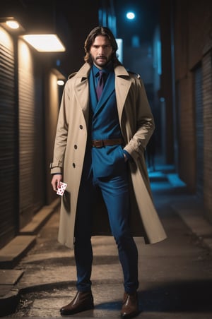 photo of handsome french man, 25 years old, (((Gambit from X-men reimagined as an Assassin))), (((John Wick movie style))), (standing holding playing cards in a dark alley at night), epiC35mm, film grain, (freckles:0.0), full body shot, (plain background:1.6), athletic body, ((())), pale skin, (((brown trench coat))), brunette wavy hair, ((())), (((big smile))),