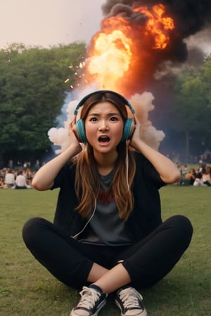 ompt
Masterpiece, bestquality,4K,highres, ultra-detailed, Kodak Motion Picture Film Style,Kodak Motion Picture Film,movie still, film still,cinematic, cinematic shot,ImgFixerPre0.3,DsktneXL, photorealistic, real life insert,

1 girl,  hipster girl, big headphones, sitting in a park listening to music, (((big explosion behind her))), fire, surprised, scared,Naomi Wu,m0vieexpl0sion, eyes wide open, open mouth,