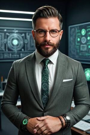 perfect hd photography, 1guy, solo, looking at the camera, upper body shot, tan green white color palette,
Generate a photorealistic image of a 35 years old handsome Spaniard man with white skin, medium length wavy dark hair with grey sides, handlebar mustache vandyke beard, wearing dapper tweed suit, VA glasses, (((high tech bracelet glowing))), standing in a dark academia office with a whiteboard full of Mayan glyphs shining in magic light, dialing symbols on his high tech bracelet,

 ,Dark Majic,photorealistic,movie still, film still,cinematic, cinematic shot,cinematic lighting,macro shot,35mm film,with a beard,DonMQu4n7umZ3r0XL 