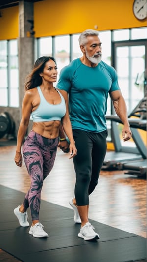 Masterpiece, bestquality,4K,highres, ultra-detailed, 

beautiful middle aged Polynesian couple walking through a gym, slim bodies, sportswear, yoga pants, t-shirt,