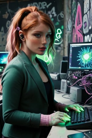 perfect hd photography, 1girl, solo,  Bryce Dallas-Howard face, upper body shot, 
Punk dark hacker den full of computers and graffiti, pastel green pink purple color palette, 

Irish,
freckled face,
Athletic body,
t-shirt, tweed blazer, headphones, gloves,
(((updo wavy ginger hair))),

using a computer, (((Glowing streams of numbers and letters swirl around her fingertips))), she is a techno make hacker altering reality through her computer.,photorealistic,movie still,DsktneXL,a photo, film still,cinematic, cinematic shot,cinematic lighting,macro shot,35mm film,Rembrandt Lighting Style,cybr-xl,in the style of franck-bohbot