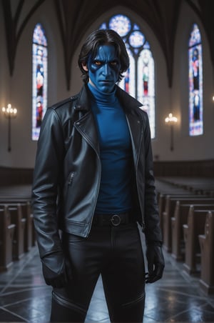 photo of handsome German man, 18 years old, (((Nightcrawler from X-men reimagined as an Assassin))), (((John Wick movie style))), (standing in a dark gothic church at night), epiC35mm, film grain, (freckles:0.0), full body shot, (plain background:1.6), slim body, ((())), blue mask, (((leather jacket))), blue shoulder length straight hair, ((())), (((serious face))),