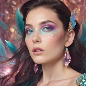 a brunette woman surrounded by crystals, high fashion magazine cover, glossy flecks of iridescence, of a youthful girl, pastel teal background, promotional render, delicate feather wings extending gracefully, immersed in an alien landscape, colorful smoke and streams of magic light forming a celestial ballet, exotic gigantic crystals adding to the dreamlike atmosphere, (((TimTadder style))), surreal beauty photography, Avant garde fashion, ethereal beauty, beauty light,more detail XL,glitter,Glass ,crystalz
