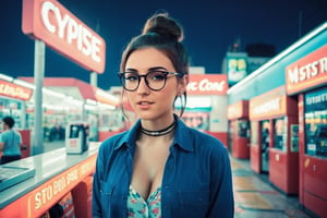 ((masterpiece, best quality)), absurdres, (Photorealistic 1.2), sharp focus, highly detailed, top quality, Ultra-High Resolution, HDR, 8K, epiC35mm, film grain, (color saturation:-0.4), cybr-xl, cybr, blue red color palette, hipster girl, pastel color grading,

A wide angle cinematic photo of a brunette girl in the style of franck-bohbot, collar shirt, printed shirt, hair bun, glasses, in a gas station, neon lights,stp00l3