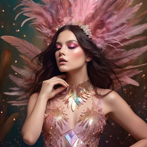 a brunette woman blowing surrounded by feathers, high fashion magazine cover, glossy flecks of iridescence, of a youthful girl, pastel pink background, promotional render, delicate feather wings extending gracefully, immersed in an alien landscape, colorful smoke and streams of feathers forming a celestial ballet, exotic gigantic crystals adding to the dreamlike atmosphere, (((TimTadder style))), surreal beauty photography, Avant garde fashion, ethereal beauty, beauty light,more detail XL,glitter,Glass ,crystalz