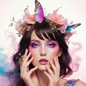 a brunette woman blowing surrounded by flowers, high fashion magazine cover, glossy flecks of iridescence, of a youthful girl, pastel pink background, promotional render, delicate petal wings extending gracefully, immersed in an alien landscape, colorful smoke and streams of ink forming a celestial ballet, exotic gigantic flora adding to the dreamlike atmosphere, (((TimTadder style))), surreal beauty photography, Avant garde fashion, ethereal beauty, beauty light,more detail XL,glitter,Glass 