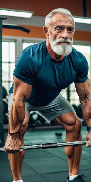 Masterpiece, bestquality,4K,highres, ultra-detailed, 

Handsome old french man lifting weights in a gym, muscular body, well groomed beard, sports shirt, shorts,