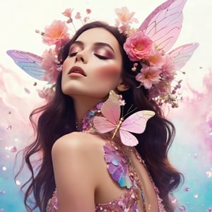 a brunette woman blowing surrounded by flowers, high fashion magazine cover, glossy flecks of iridescence, of a youthful girl, pastel pink background, promotional render, delicate petal wings extending gracefully, immersed in an alien landscape, colorful smoke and streams of ink forming a celestial ballet, exotic gigantic flora adding to the dreamlike atmosphere, (((TimTadder style))), surreal beauty photography, Avant garde fashion, ethereal beauty, beauty light,more detail XL,glitter,Glass 