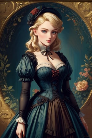 A girl in the Victorian era, promenade attire, (masterpiece, top quality, best quality, official art, beautiful and aesthetic:1.2), (1girl:1.4), vivid color, colorful, blonde hair, extreme detailed, highest detailed,oil painting,masterpiece,classic painting,BrgEy