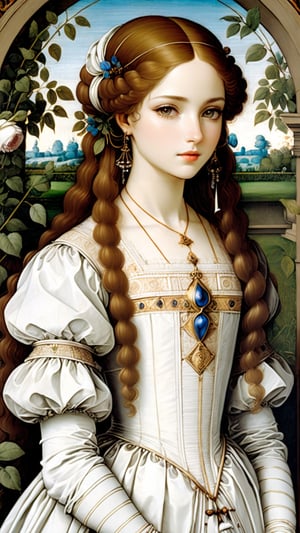 A protrait, resplendent ornate girl in the garden, wearing white taffeta dress, by Leonardo da Vinci,more detail XL