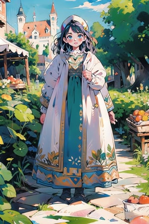 A medieval girl in traditional dress, vegetables and fruits, at a farmer's market, mysterious medieval, masterpiece,High detailed,watercolor,edgRenaissance,cartoon