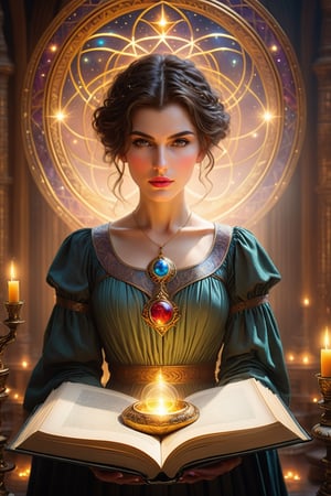 (masterpiece, top quality, best quality, official art, beautiful and aesthetic:1.2), (a glowing magic array depicted on the pages of the book:1.4), radiating mystical energy and ancient power. A witch, (dimly lit workshop:1.2). (1girl:1.4), portrait, extreme detailed, highest detailed, simple background, 16k, high resolution, perfect dynamic composition, (sharp focus:1.2), super wide angle, high angle, high color contrast, medium shot, depth of field, blurry background, by Gustav Klimt and Mucha and Caravaggio