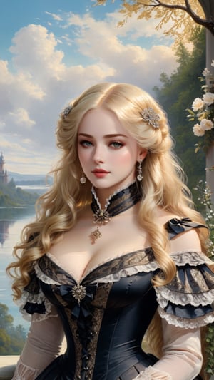 A girl in the Victorian era, outdoor, (masterpiece, top quality, best quality, official art, beautiful and aesthetic:1.2), (1girl:1.4), blonde hair, portrait, extreme detailed, highest detailed,glitter,hubggirl