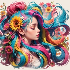 1girl, solo, long hair, hair ornament, blue hair, closed eyes, pink hair, flower, multicolored hair, hair flower, from side, eyelashes, profile, makeup, lipstick, portrait, red lips, colorful, rainbow hair,  DonMM3l4nch0l1cP5ych0