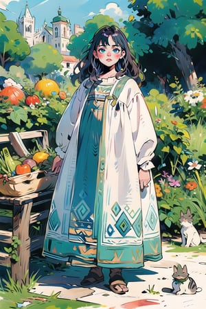 A medieval girl in traditional dress, vegetables and fruits, at a farmer's market, mysterious medieval, masterpiece,High detailed,watercolor,simplecats,edgRenaissance,cartoon
